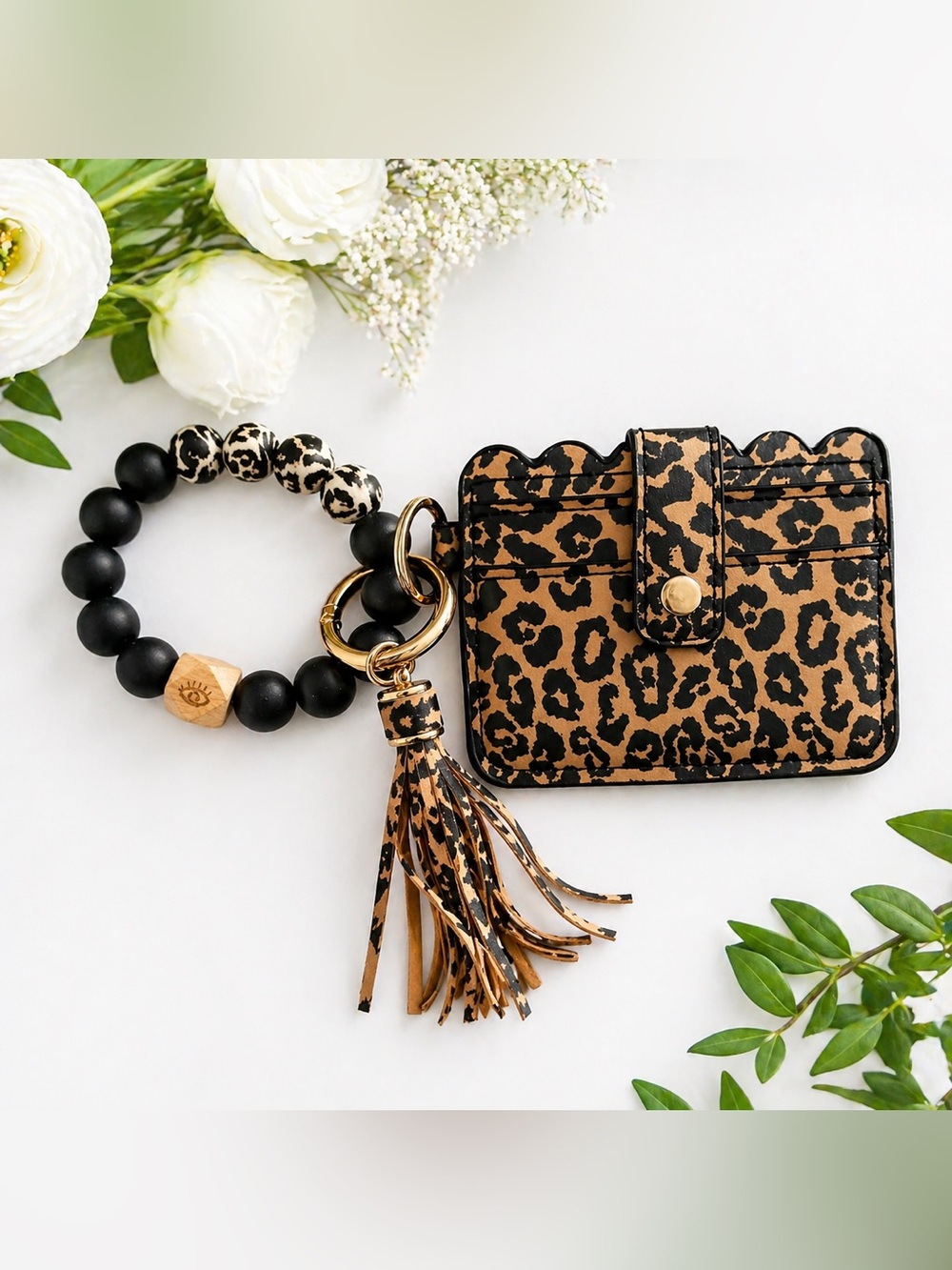 Leopard Print Card Holder Keychain with Tassel Bracelet - Brown/Black